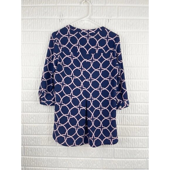 Hutch Blouse Size Small 3/4 Sleeve Navy V Neck Classic Geometric Print - Picture 2 of 7